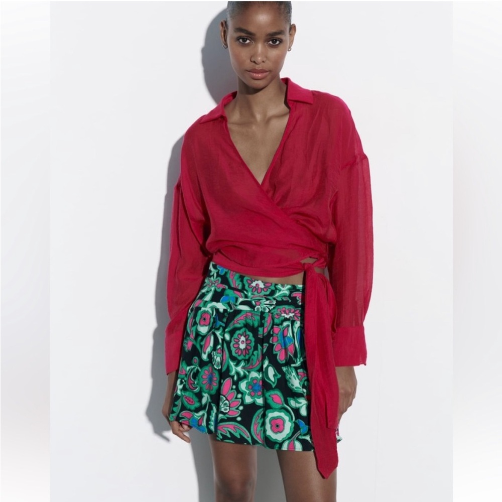 NWT Zara boho  Floral Print Linen Blend A-line Mini Skirt size S